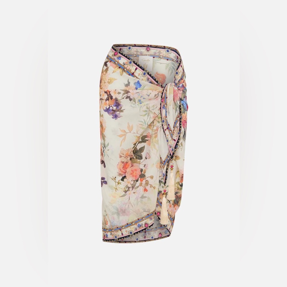 Camilla “Friends With Frescos” ivory cotton silk floral short sarong coverup - Picture 2 of 8
